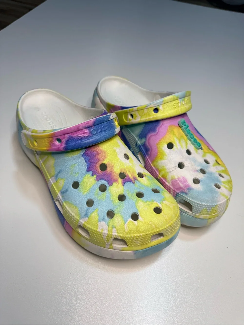 CROCS Tie-Dye Platform Clogs in Yellow, Purple, Blue